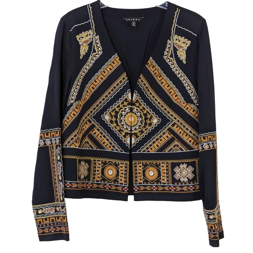 Tribal long sleeve embroidered bohemian gold yellow brown black women Blazer M